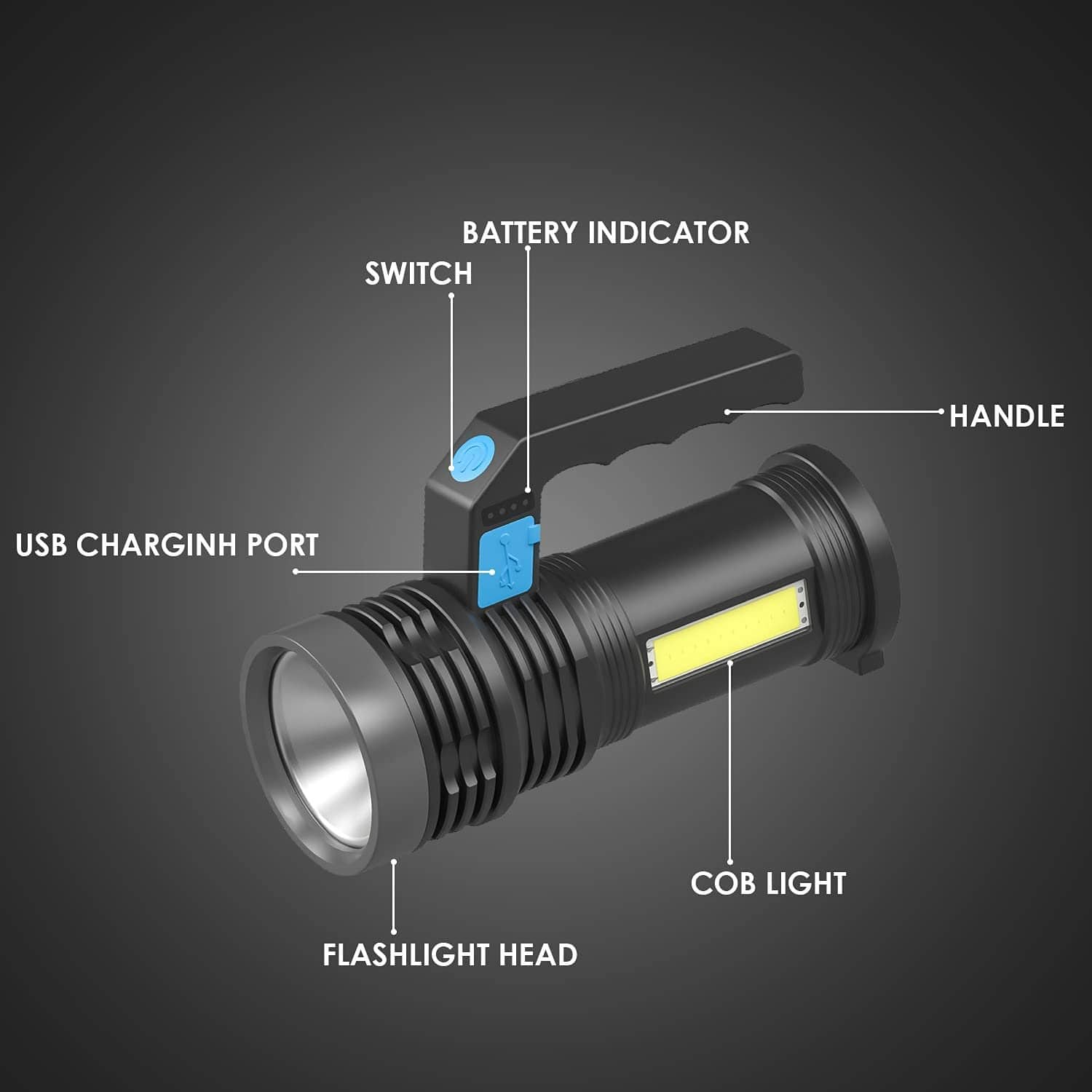 LED Flashlights Rechargeable Handheld Spotlight 2000m Bed Bath